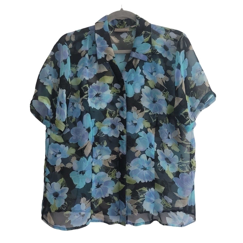 Croft & Barrow Large Sheer‎ Blue Floral Short Sleeve Button Up Shirt